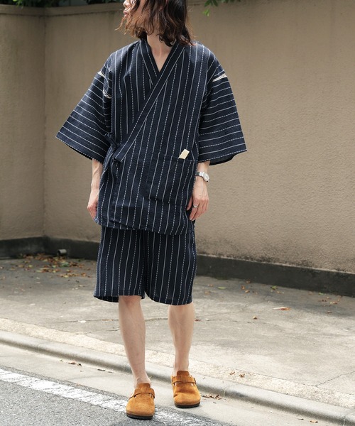 綿麻しじら織り浴衣　黒地✕ストライプ ROOP TOKYO 浴衣 しじら織り甚平 上下セット (無地/ストライプ