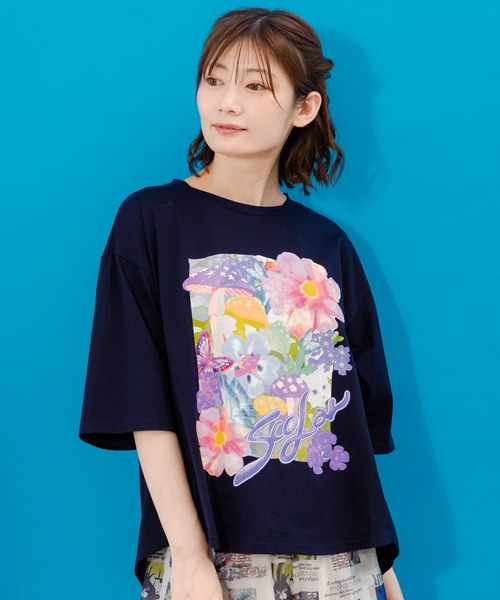 tシャツ 152689：ネコ花キノコ柄 接触冷感Tシャツ レディース