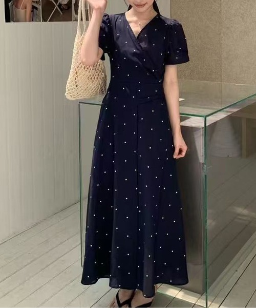 I535 kayme カシュクールワンピース ひざ丈 ドット ストレッチ 9 黒 4WAY】カシュクールワンピース– kay me