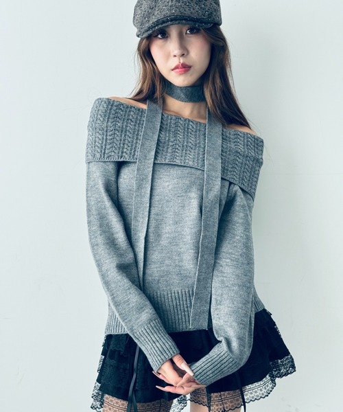 Y2K SYNAPSE FACTORY ニット セーター 「オフショル」マフラー付き