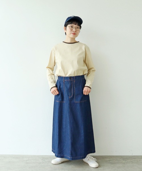 最終⭐︎45Rボーダー長袖カットソーインディゴ金茶完売品3番美品80670992 PAR ICI（パーリッシィ） tシャツ ボーダー配色バインダー 長袖