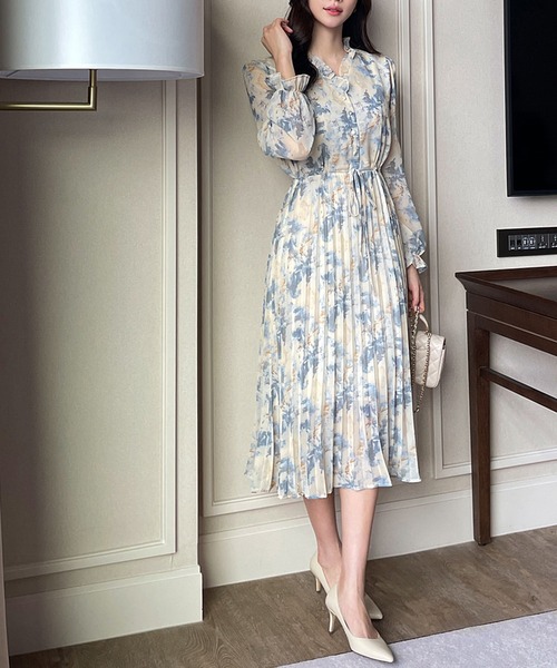 ＆soiree（アンドソワレ） ワンピース 花柄ウエストリボンプリーツ