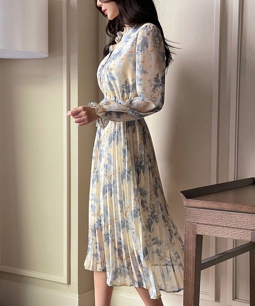 ＆soiree（アンドソワレ） ワンピース 花柄ウエストリボンプリーツ