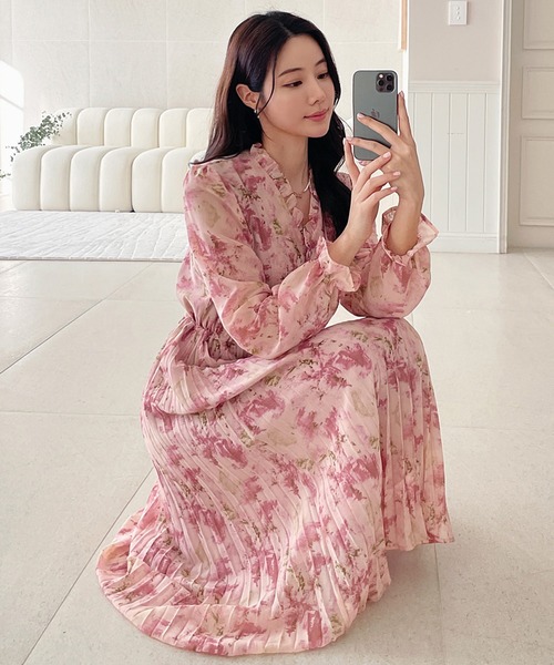 ソブ　オリジナル花柄プリントワンピース　プリーツ　ウエストリボン　インナー付き ＆soiree（アンドソワレ） ワンピース 花柄ウエストリボンプリーツ