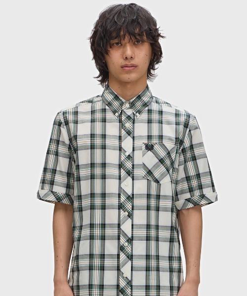 フレッドペリー　ぼかし白黒格子チェックのレーヨン綿シャツブラウス FRED PERRY（フレッドペリー） モノクローム チェック シャツ FRED