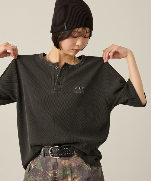 LINKABLE 半袖 ピエロトップス　黒　リンカブル Snap club ヘンリーネック tシャツ 半袖 「Snap club」クロップド