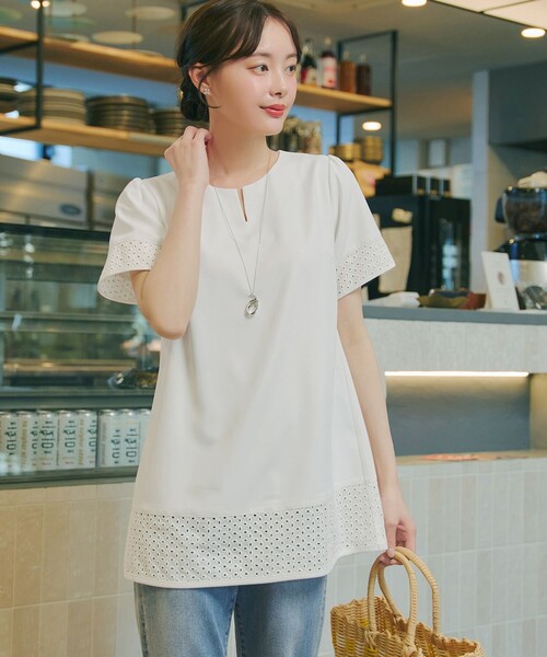 極美品♪ビアズリー レース裏毛チュニック 変形ブラウス 切替 刺繍 近年 Tiaclasse ブラウス シャツ 裾レース切替チュニック レディース