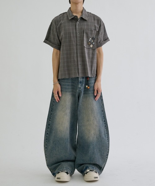 シャツ 半袖 Scattered Button fringe check shirts / スキャッタード 