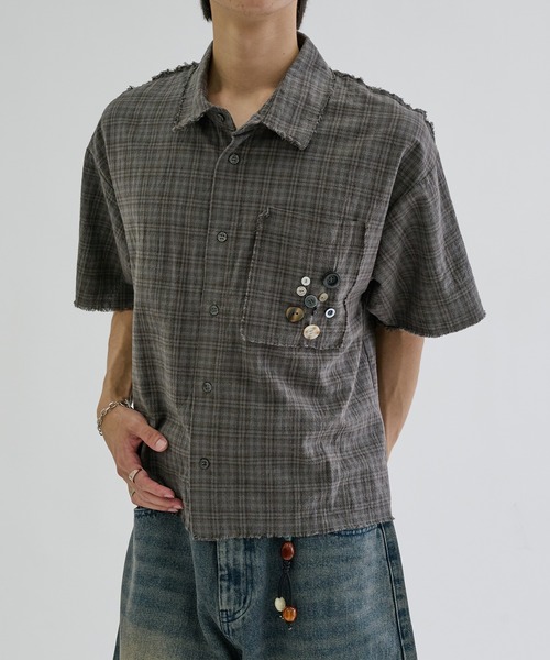 シャツ 半袖 Scattered Button fringe check shirts / スキャッタード