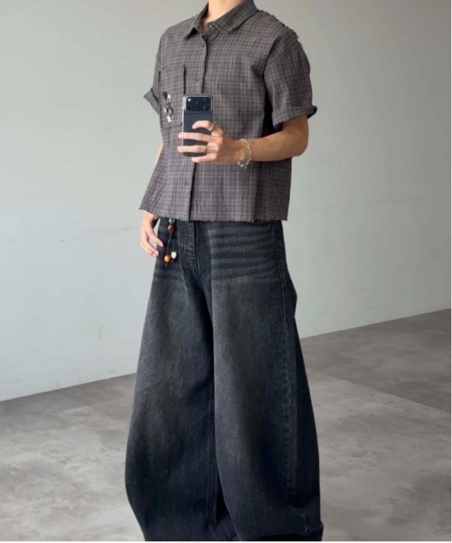 シャツ 半袖 Scattered Button fringe check shirts / スキャッタード 