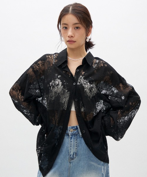 Vintage フラワー　シアーシャツ　黒 ブラウス シャツ ヴィンテージフラワーシアーシャツ レディース
