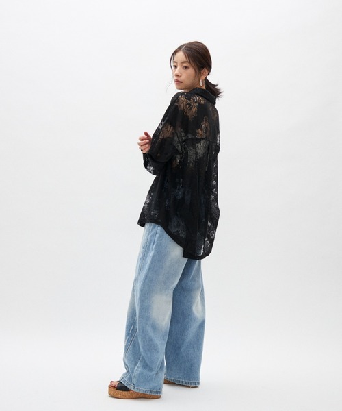 Vintage フラワー　シアーシャツ　黒 ブラウス シャツ ヴィンテージフラワーシアーシャツ レディース
