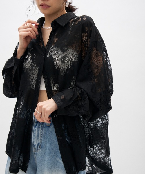 Vintage フラワー　シアーシャツ　黒 ブラウス シャツ ヴィンテージフラワーシアーシャツ レディース