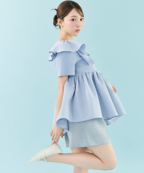 慈雨 アシンメトリー ノースリーブ カットソー チュニック ドッキング ドット柄 CELFORD（セルフォード） tシャツ 半袖 アシンメトリーカット