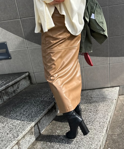 Shelleyシェリエ フロント ZIP レザー スカート M セール】フェイク