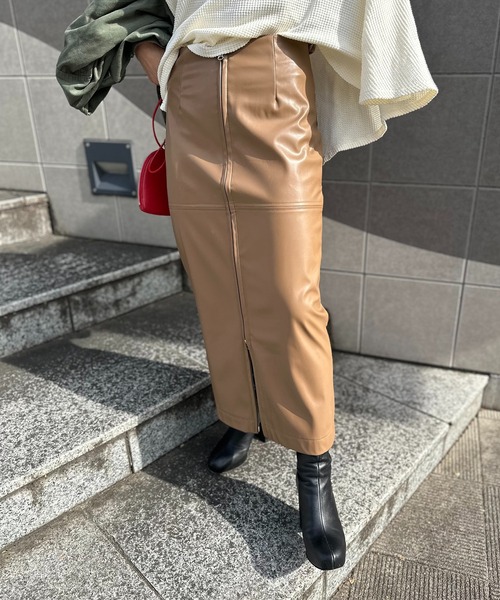 Shelleyシェリエ フロント ZIP レザー スカート M シェリエ レザースカート