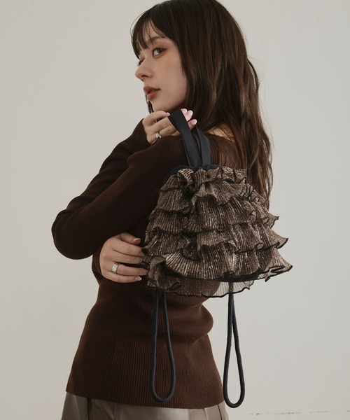 ハンドバッグ 「新色・再入荷」ラメプリーツフリル巾着バッグ