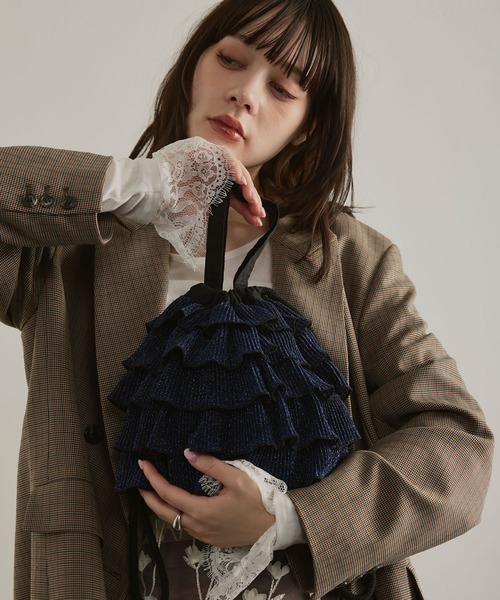 ハンドバッグ 「新色・再入荷」ラメプリーツフリル巾着バッグ