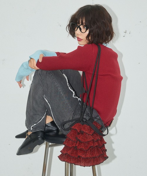 ハンドバッグ 「新色・再入荷」ラメプリーツフリル巾着バッグ