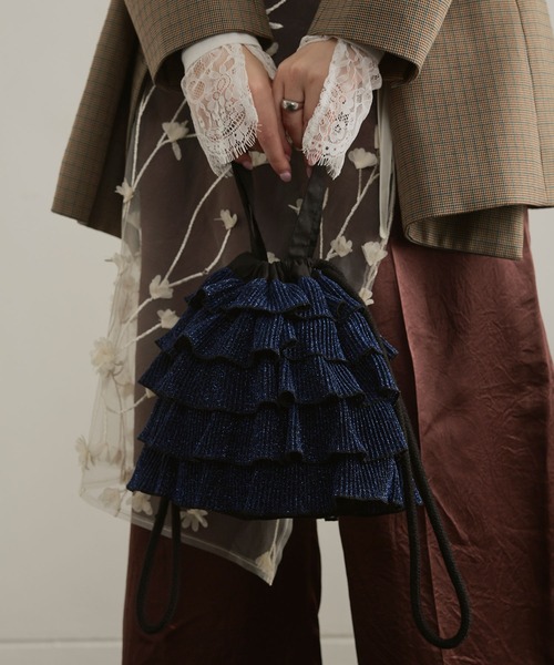 ハンドバッグ 「新色・再入荷」ラメプリーツフリル巾着バッグ