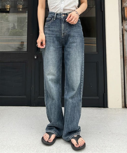 【高級希少】 カシミヤ100％ ELBORN エルボーン ストレートデニムパンツ ストレートデニムパンツ ウィメンズ (26 中濃加工色): ボトムス