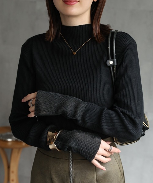 【モデル梨花着用】HYKE ハイク　ボトルネックニット　BLACK sakishimatokyo ニット セーター ラメ/シアー 袖口切り替え ボトル