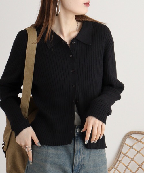ポロ衿コンパクト細リブニットカーディガン【ウォッシャブル Mila Owen（ミラオーウェン）の「ポロ衿コンパクト細リブニット