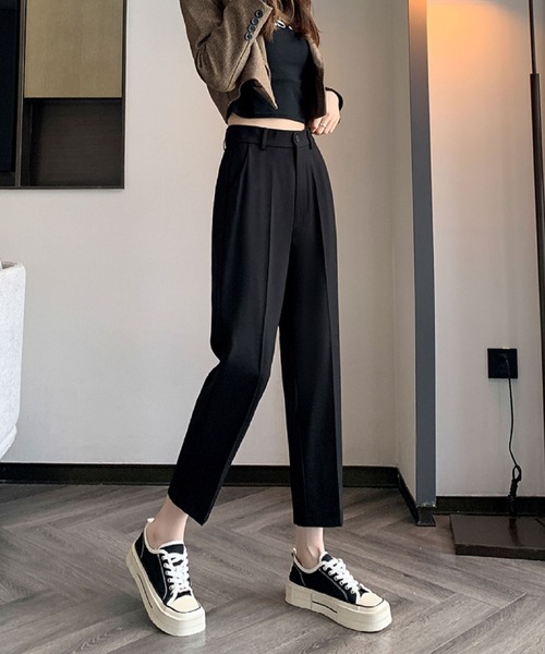 2ly2 パンツ ハイウエストスリムスーツパンツ シガレットパンツ 9分丈  
