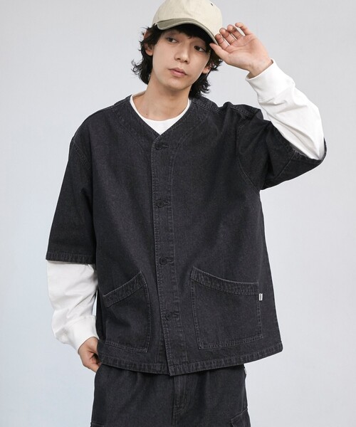coen（コーエン） シャツ 半袖 「C.DENIMS」デニムノーカラーシャツ