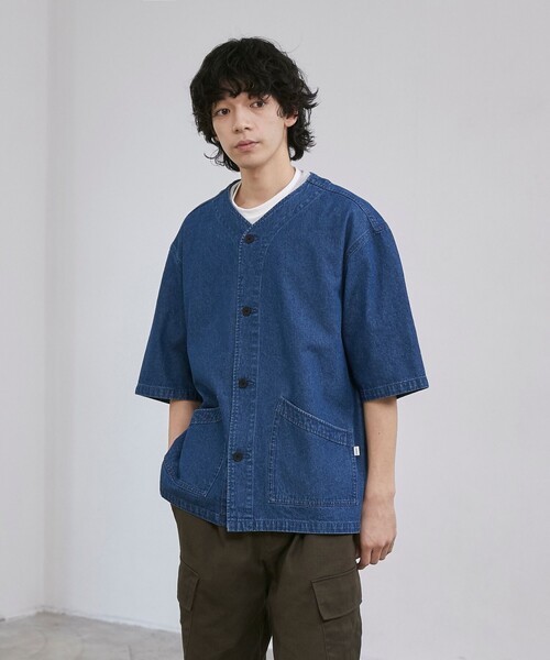 coen（コーエン） シャツ 半袖 「C.DENIMS」デニムノーカラーシャツ