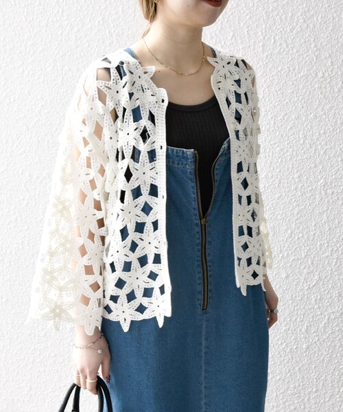 SHIPS any カーディガン any:「手洗い可能」フラワー クロシェ レース