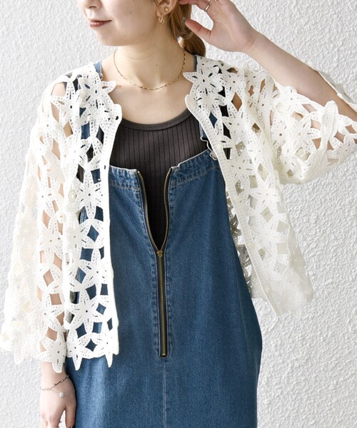 SHIPS any カーディガン any:「手洗い可能」フラワー クロシェ レース