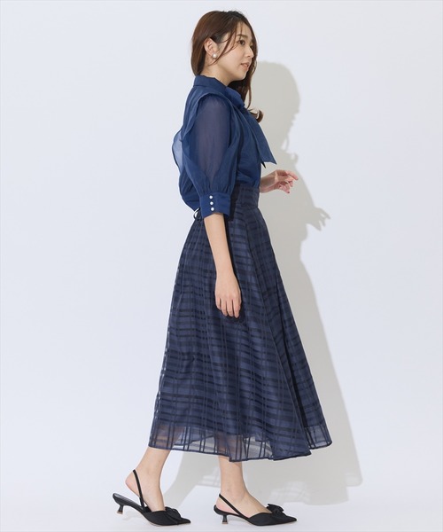 【ほぼ新品】BLUE LAVELチェックエアリーツイルスカート ネイビーピンク SWINGLE（スウィングル） スカート エアリーシアーチェックタック