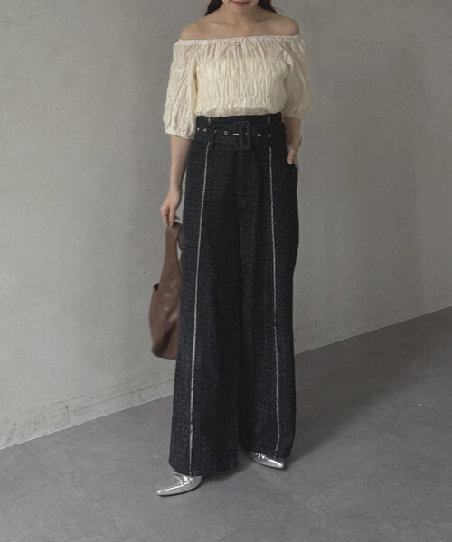 Thevon ブラウス シャツ シャーリングシアーボートネック
