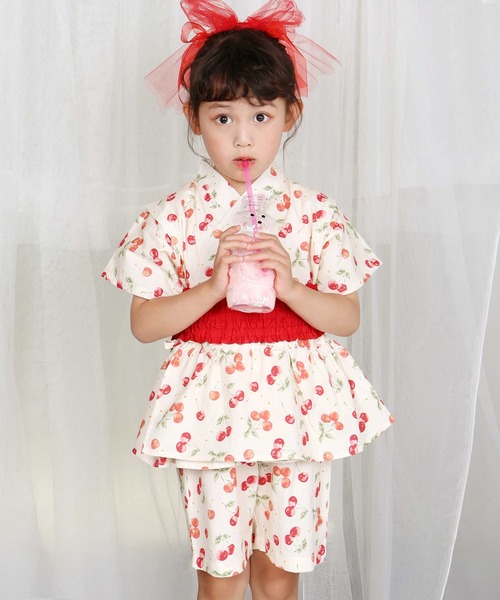 浴衣 「お揃い」モチーフ総柄甚平+作り帯セット(80~130cm) キッズ 子供 女の子 | SLAP SLIP