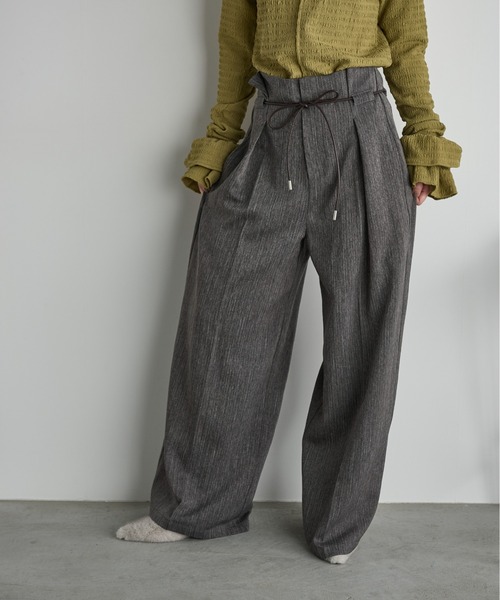 THE Yon スラックス パンツ ヘリンボーンベルトタックパンツ