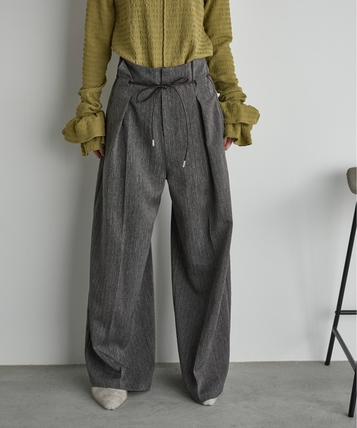THE Yon スラックス パンツ ヘリンボーンベルトタックパンツ