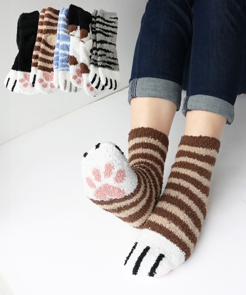 靴下 レディース ふわふわソックス 猫足柄 5足セット レディース | ブランド登録なし