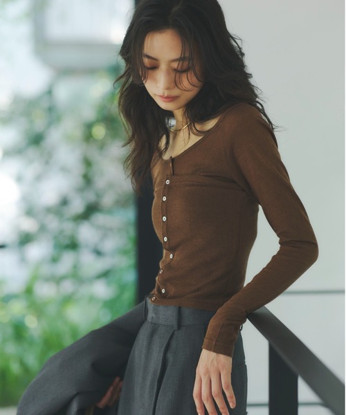 Aimeine エメイン　シアーライン　ポロ　ニット　ブラウン　現行 anuans（アニュアンス） ニット セーター シアーウールレイヤリング