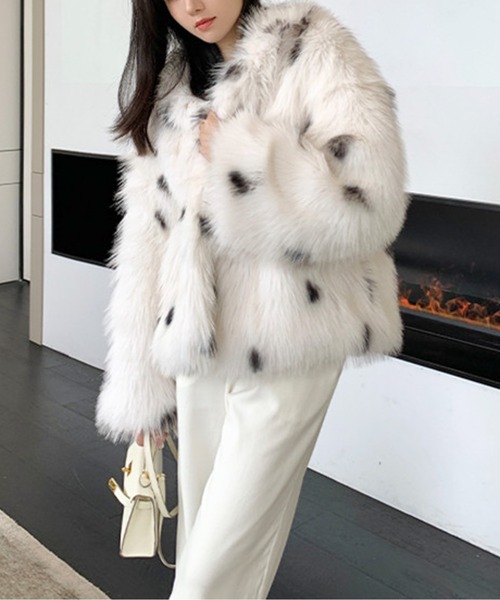 ジャケット ノーカラージャケット ドットフェイクファーフード付き