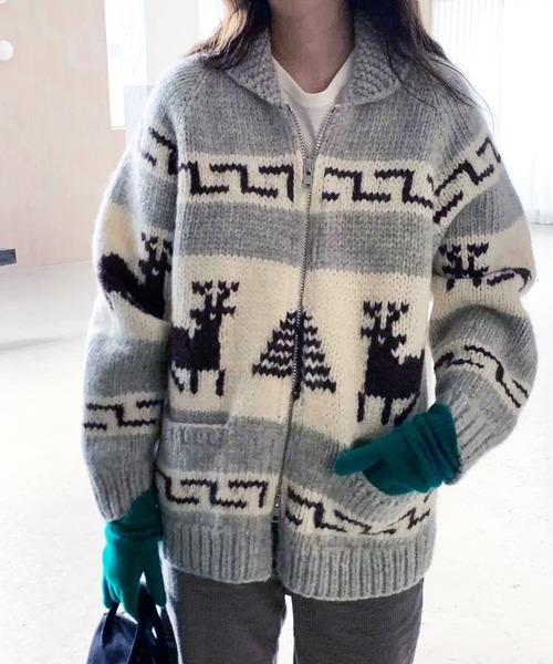 lulufa カーディガン ノルディック柄ジャガードジップカーディガン