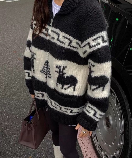 lulufa カーディガン ノルディック柄ジャガードジップカーディガン