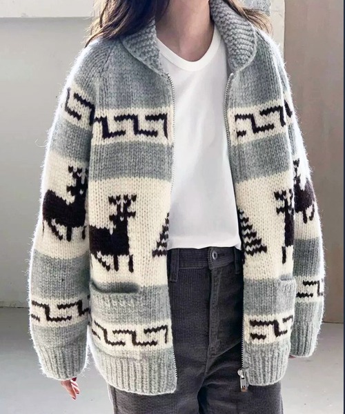lulufa カーディガン ノルディック柄ジャガードジップカーディガン