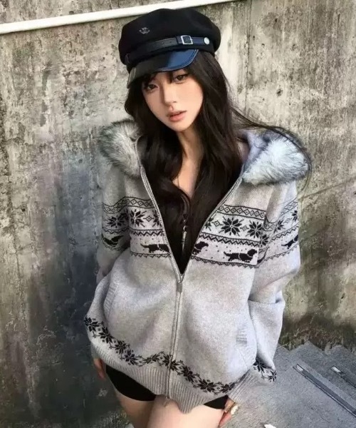 FUNdaysion tシャツ ノルディック柄ファー付きニットパーカー