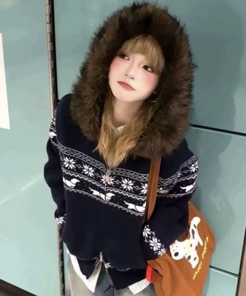 FUNdaysion tシャツ ノルディック柄ファー付きニットパーカー