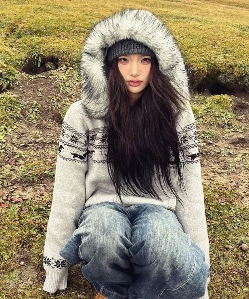 FUNdaysion tシャツ ノルディック柄ファー付きニットパーカー