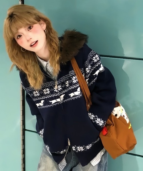 FUNdaysion tシャツ ノルディック柄ファー付きニットパーカー