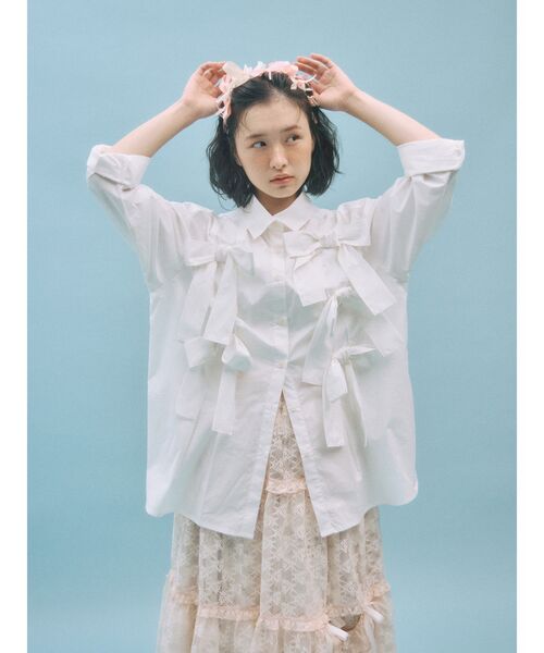 シャツ/ブラウス(長袖/七分) kae bonny  side ribbon shirt シャツブラウス 七分袖 ESB－659 11 ホワイト （5号～17号