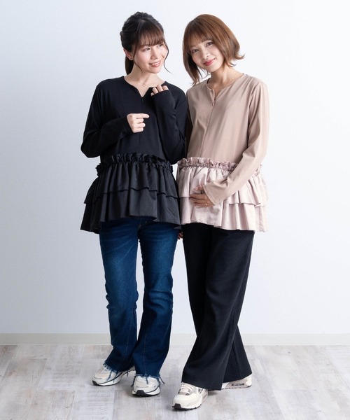 SWEET MOMMY マタニティトップス M 黒 SweetMommy（スウィートマミー） マタニティ サテンフリル ペプラム