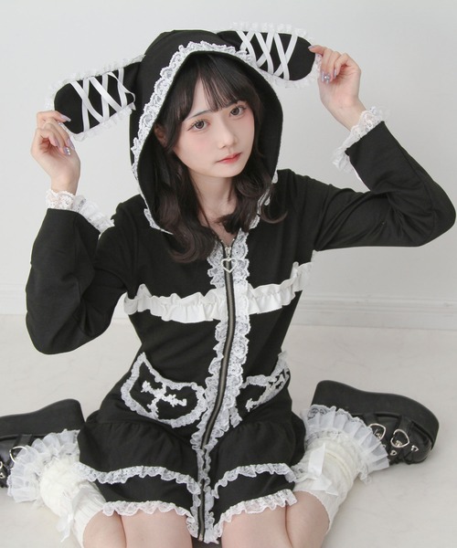 DearMyLove ワンピース 姫系うさ耳レースフリルハートポケットパーカー